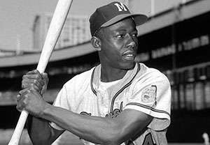 Hall of Fame outfielders Hank Aaron (L) and Willie Mays at Dodger